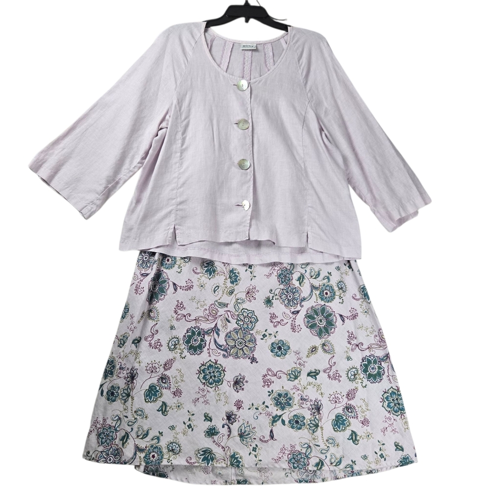 VTG Habitat Linen Oversized Medium Top XL Elastic Waist Midi‎ Skirt Set Made USA